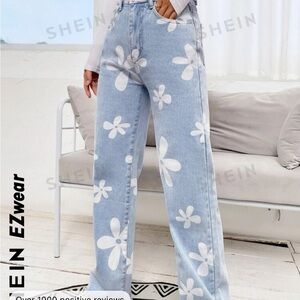 Floral print straight leg jeans light wash